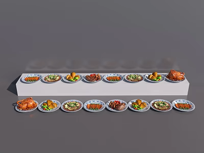 Various Types of Food on Multiple Patterned Plates with White Trays Including Meat and Vegetables 3d model