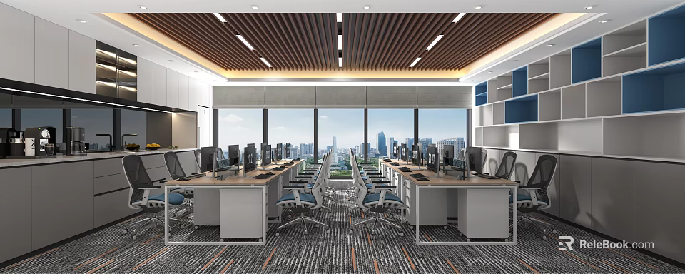 Public Office Area With Spacious Layout Modern Workstations Computers And City View Through Large Windows 3d model