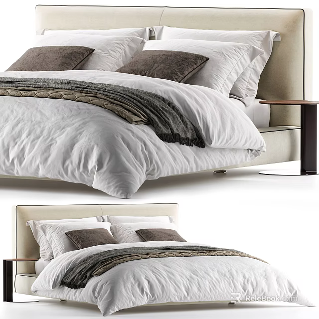 Modern Double Bed With White Linen Sheets Gray Pillows Upholstered Headboard And Nightstand 3d model 