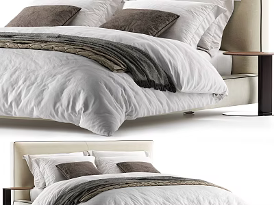 Modern Double Bed With White Linen Sheets Gray Pillows Upholstered Headboard And Nightstand 3d model