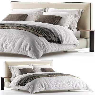 Modern Double Bed With White Linen Sheets Gray Pillows Upholstered Headboard And Nightstand 3d model