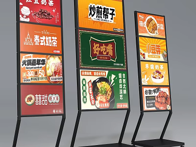 Restaurant Food Advertising Display Stands With Colorful Menu Boards And Promotional Posters 3d model