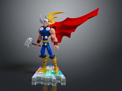 Thor's Mjolnir Hammer Weapon Featured In Toy Figure With Red Cape Blue Costume Glowing Base 3d model