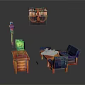 Pixel Art Style Blue Sofa Coffee Table Set With Side Table Chandelier And Decorative Cube