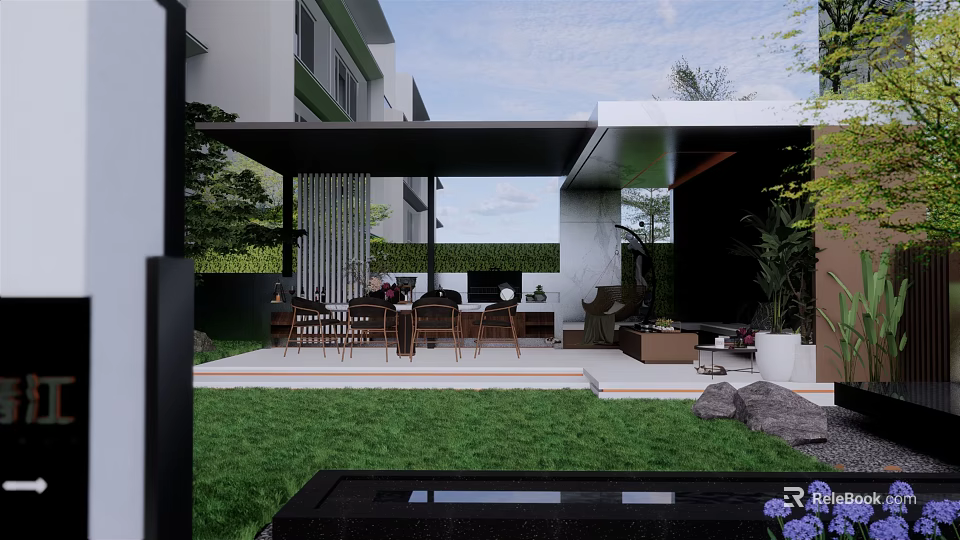 Modern Courtyard Garden With Outdoor Seating Covered Pergola Green Lawn And Decorative Stones 3d model 