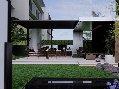 Modern Courtyard Garden With Outdoor Seating Covered Pergola Green Lawn And Decorative Stones 3d model