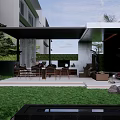 Modern Courtyard Garden With Outdoor Seating Covered Pergola Green Lawn And Decorative Stones