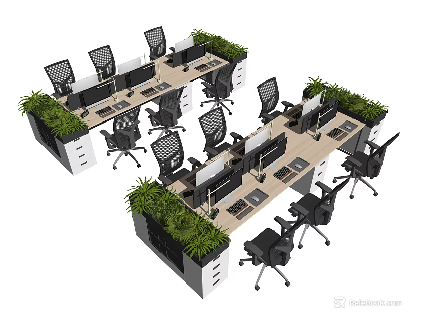 Modern Office Desks Setup With Multiple Ergonomic Chairs And Green Plants 3d model 