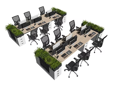 Modern Office Desks Setup With Multiple Ergonomic Chairs And Green Plants 3d model