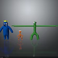 Blue Character with Yellow Crown Red Small Creature and Green Long Armed Figure