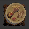 Carved Wooden Side Table With Intricate Details And Cake With Fruits On Top