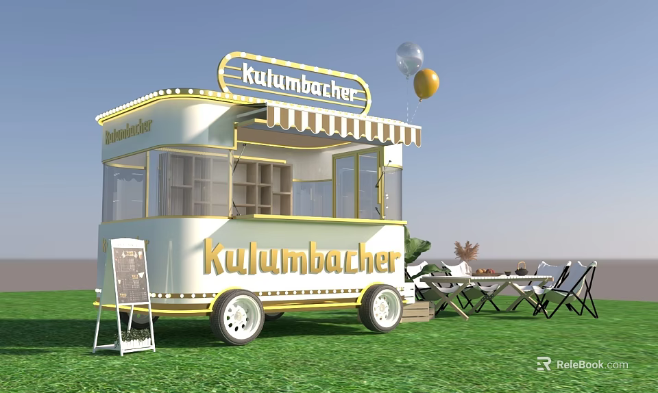 Kulumbacher Food Cart With Awning Windows On Green Lawn Near Chairs 3d model 