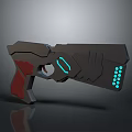 Futuristic Sci Fi Handgun with Dark Angular Design Red Grip and Blue Glowing Accents 3d model