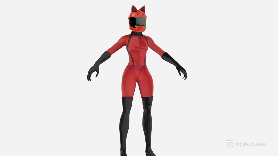 Stylish Game Movie Character In Red Bodysuit With Cat Ear Helmet Black Gloves And Boots 3d model 