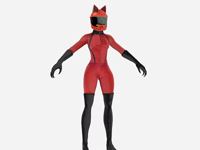 Stylish Game Movie Character In Red Bodysuit With Cat Ear Helmet Black Gloves And Boots 3d model