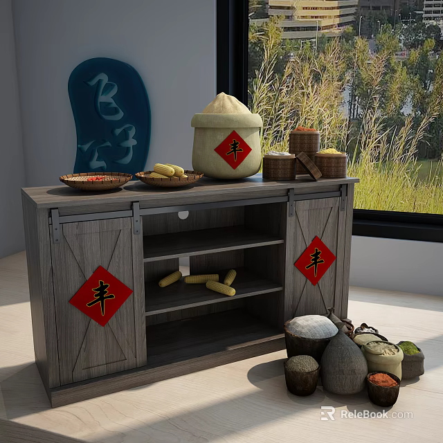Wooden Sideboard With Red Feng Character Stickers Rice Bag Corn And Grain Containers 3d model 