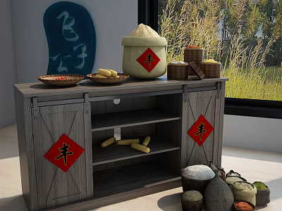Wooden Sideboard With Red Feng Character Stickers Rice Bag Corn And Grain Containers 3d model
