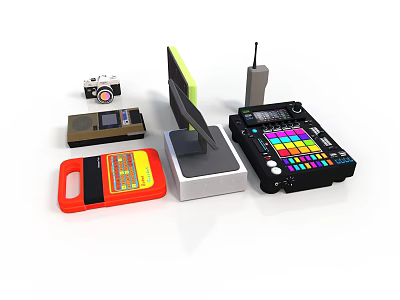 Electronic Devices Collection Including Retro Camera Handheld Gaming Device Monitor Router And Colorful Control Console 3d model
