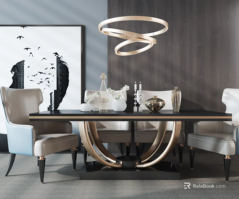 Elegant Modern Dining Table Set With Gold Legs Light Gray Chairs And Round Chandelier 3d model 
