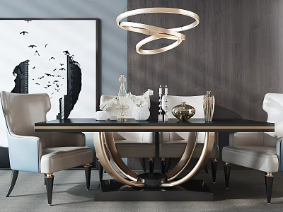 Elegant Modern Dining Table Set With Gold Legs Light Gray Chairs And Round Chandelier 3d model