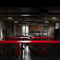 Restaurant Interior With Red Long Dining Tables Black Chairs And Hanging Chandeliers