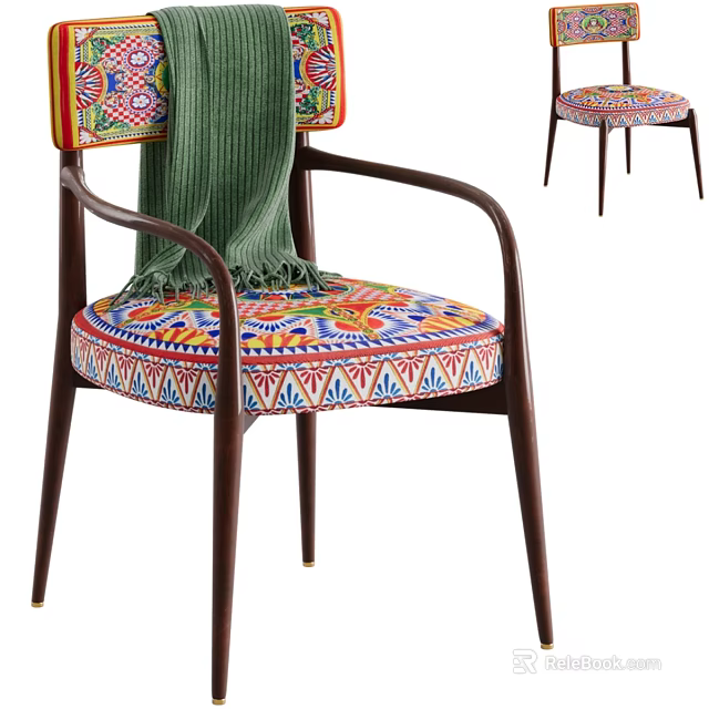 Vibrant Accent Chair With Colorful Patterned Seat Wooden Armrests And Green Throw Blanket 3d model 