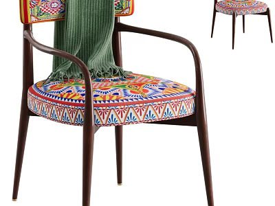 Vibrant Accent Chair With Colorful Patterned Seat Wooden Armrests And Green Throw Blanket 3d model