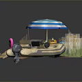 Inflatable Boat Scene With Blue And White Striped Umbrella And Flamingo Decor