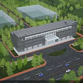 Aerial View Planning of Modern Building Complex with Green Surroundings Road Network and Parking Areas
