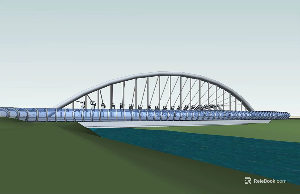 Modern Arch Bridge Design With Glass Elements Spanning Water Body And Supporting Structure 3d model