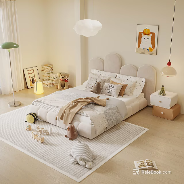 Cozy Children's Bed With Cloud Shaped Headboard Pillows And Toys In Kids Room 3d model 