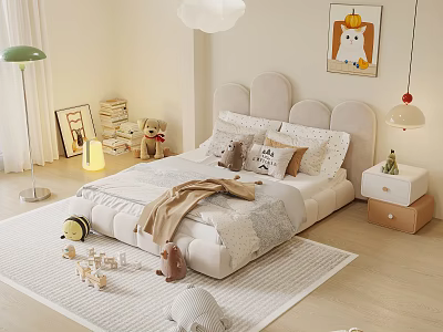 Cozy Children's Bed With Cloud Shaped Headboard Pillows And Toys In Kids Room 3d model
