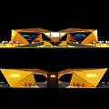 JTEKT Exhibition Booth Featuring Golden Yellow Structure Tables Chairs and Screens