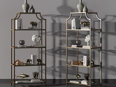 Stylish Metal Frame Shelving Unit With Decorative Vases Books And Sculptures For Modern Home Decor 3d model