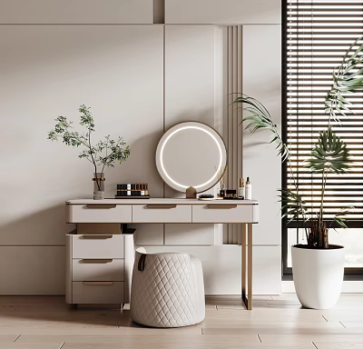 Modern Minimalist Dressing Table With Round Mirror Drawers Upholstered Stool And Potted Plants 3d model