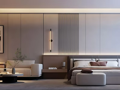 Modern Hotel Room Interior Design With Comfortable Bed Sofa And Table Lamp 3d model
