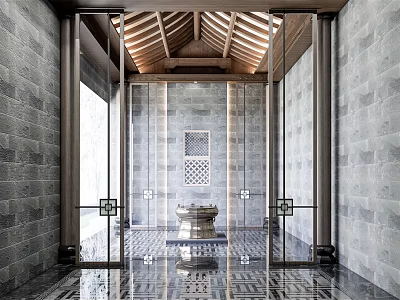 Shop Front Desk With Chinese Style Wooden Beam Ceiling Gray Brick Walls And Glass Doors 3d model