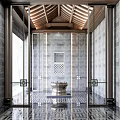 Shop Front Desk With Chinese Style Wooden Beam Ceiling Gray Brick Walls And Glass Doors