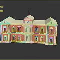 Red And White Three Story Building Model With White Roof Balconies Columns Flag And Reflection