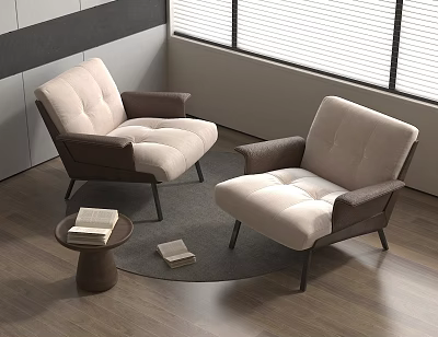 Modern Upholstered Lounge Chairs In Beige Brown With Side Table Books And Round Rug 3d model