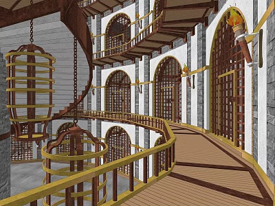Cartoon Fantasy Castle Interior With Spiral Staircase Arched Doors And Hanging Cages 3d model