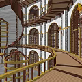 Cartoon Fantasy Castle Interior With Spiral Staircase Arched Doors And Hanging Cages