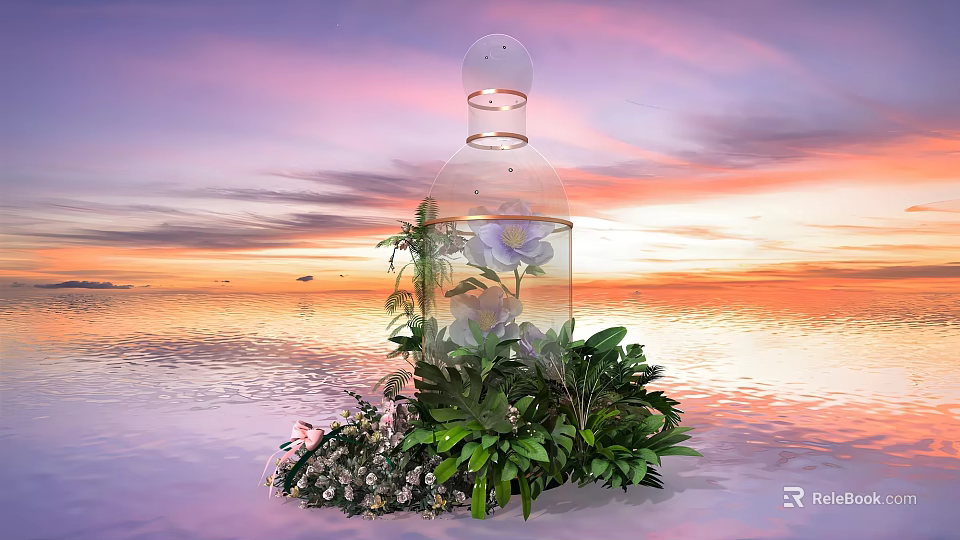 Floral Installation Featuring Transparent Bottle Structure Purple Flowers Green Plants And Sunset Water Background 3d model 