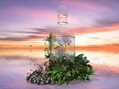 Floral Installation Featuring Transparent Bottle Structure Purple Flowers Green Plants And Sunset Water Background 3d model