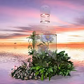 Floral Installation Featuring Transparent Bottle Structure Purple Flowers Green Plants And Sunset Water Background