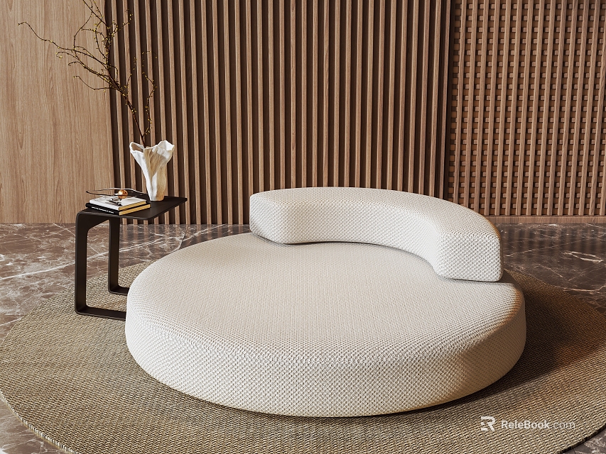 Round Beige Single Seater Sofa With Woven Texture On Rug Near Wooden Wall 3d model 
