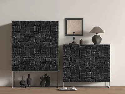 Black Woven Texture Entryway Cabinet And Side Cabinet With Decorative Vases Sculptures Lamp And Frame 3d model
