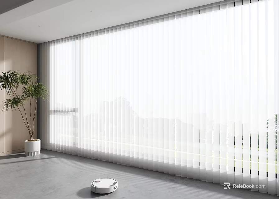 White Vertical Blinds For Large Window In Modern Room With Green Plant And Robot Vacuum 3d model 