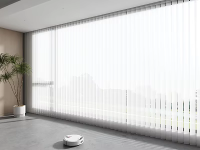 White Vertical Blinds For Large Window In Modern Room With Green Plant And Robot Vacuum 3d model
