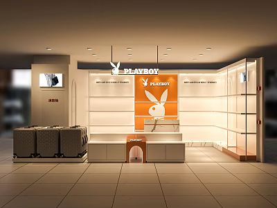 Playboy Shopping Mall Store Counter with Trolley Cases Display and Orange Logo White Shelves Lighting 3d model